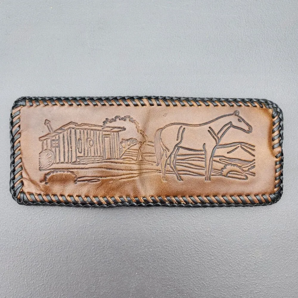 Vintage Hand Tooled Leather Braided Edge Bifold Wallet Horse & Cabin Western